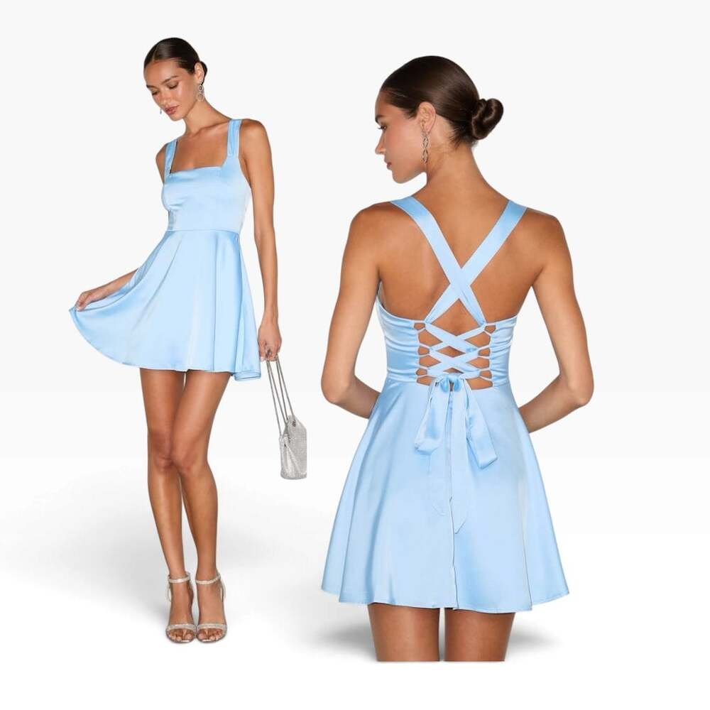 Lulus Admirably Chic Light Blue Satin Lace-Up Mini Dress with Pockets size XL
